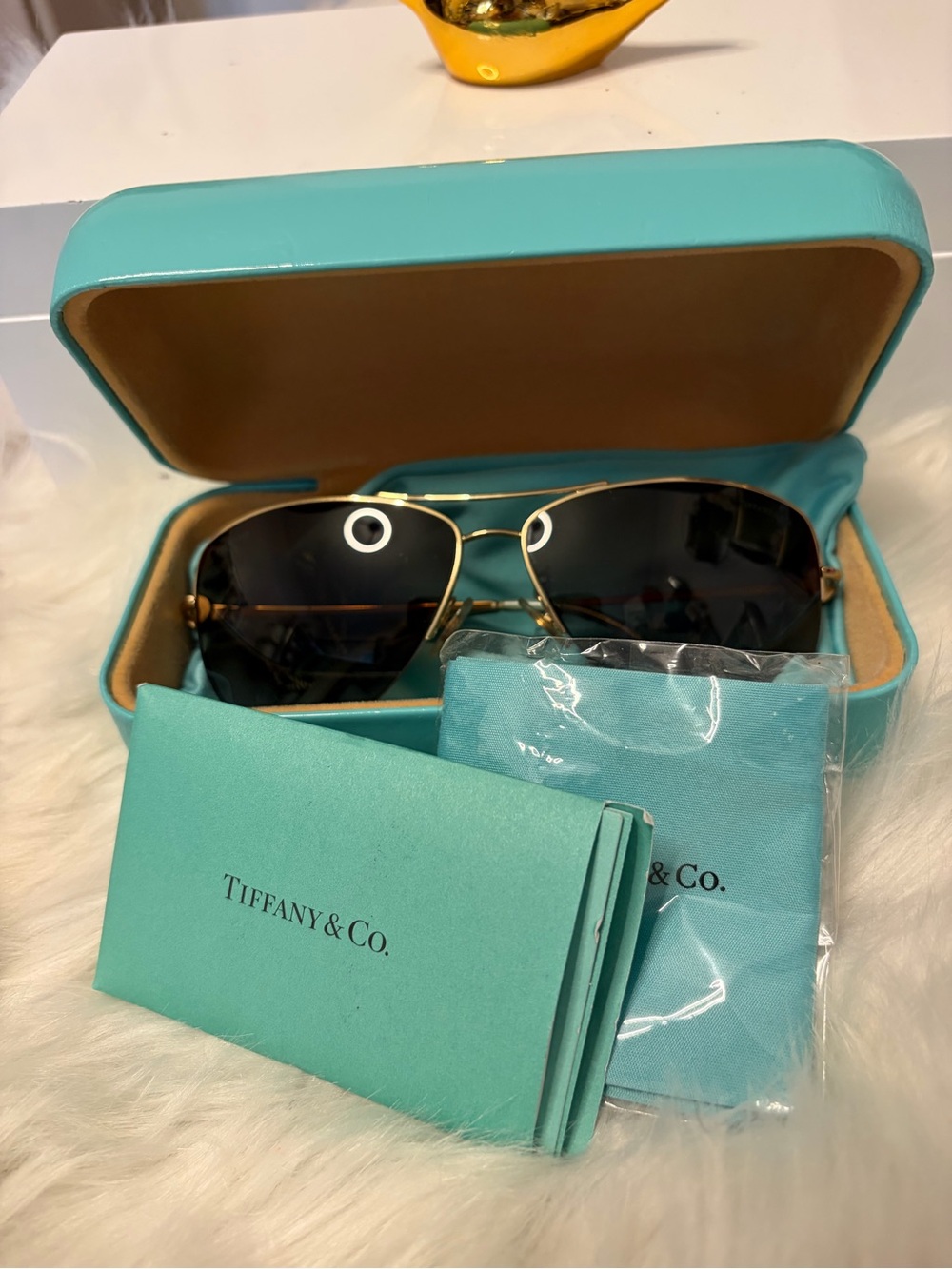 Tiffany & Co. Gold Aviator Sunglasses with Black Lenses and Tiffany Blue Case